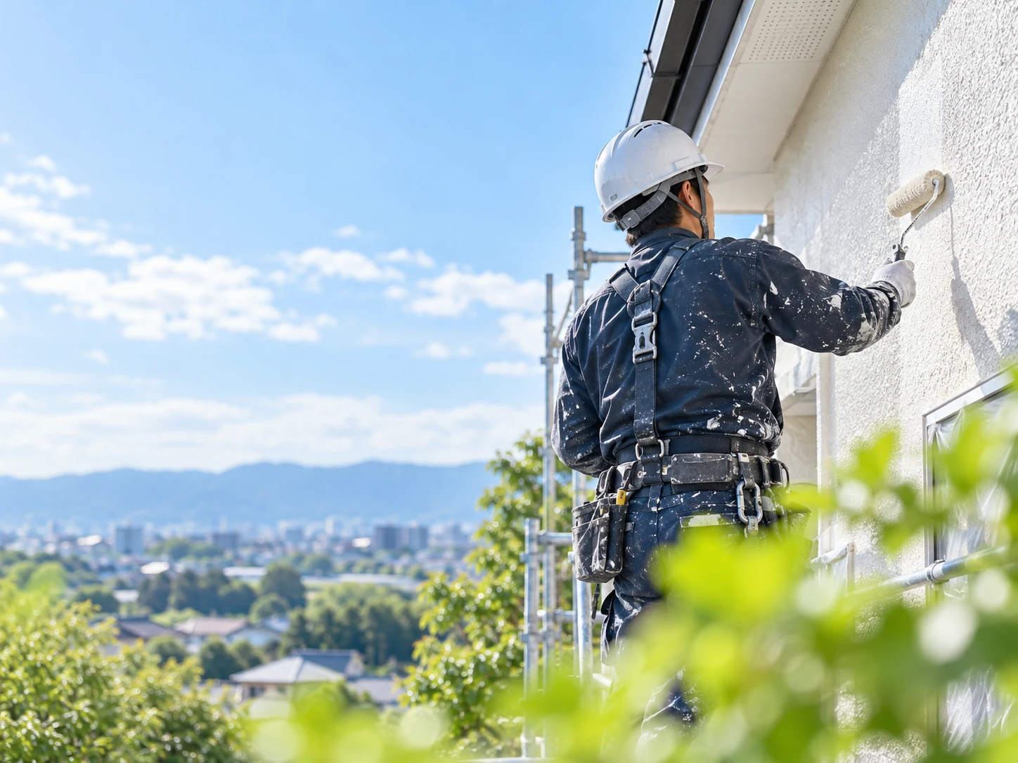 住宅の外壁を丁寧に塗装する職人のイメージ