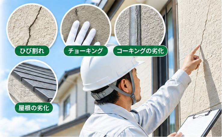外壁を診断する職人と、ひび割れ・チョーキング・コーキングの劣化・屋根の劣化の確認例