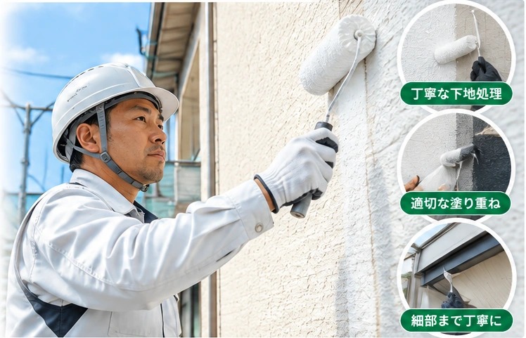 住宅塗装を専門とする職人が外壁を丁寧に施工している様子