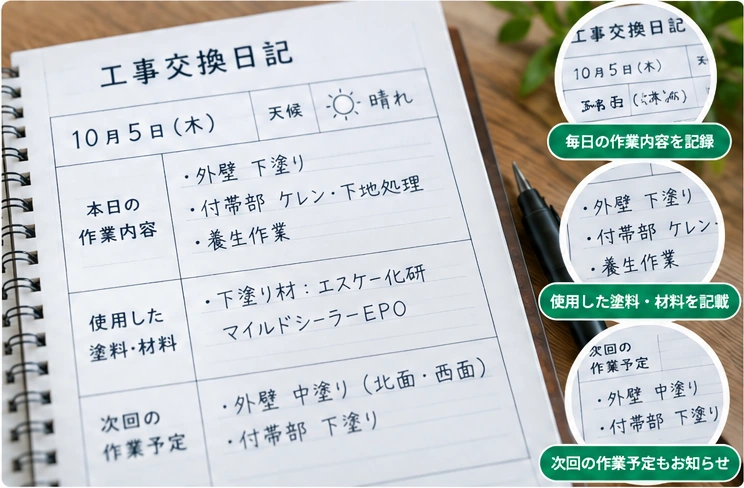 工事交換日記のイメージと、毎日の作業内容・使用塗料・次回予定に関する補足イメージ