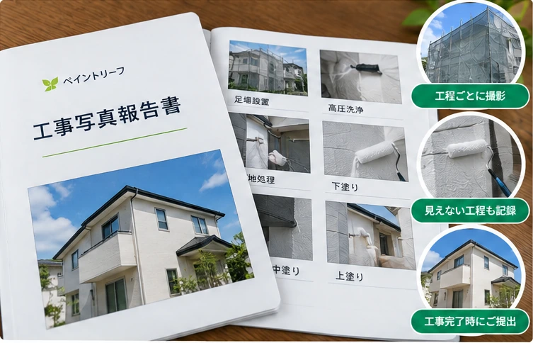 工事写真報告書のイメージ。足場設置・高圧洗浄・下地処理・下塗り・中塗り・上塗りの工程写真を記録し、工事完了時に提出