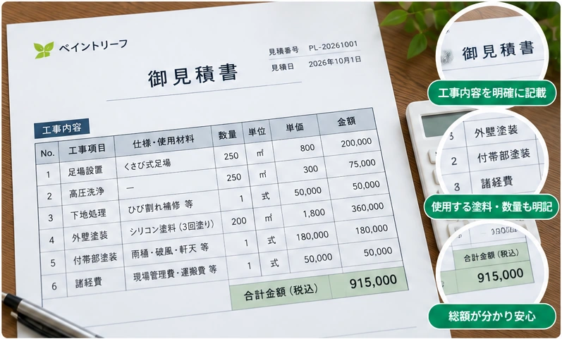 外壁塗装の見積書イメージ。工事内容・使用材料・数量・単価・合計金額を分かりやすく記載したサンプル