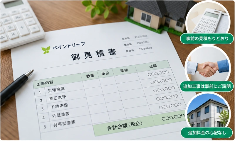 見積もり内容の事前確認、追加工事の説明と了承、追加費用への配慮を示したイメージ