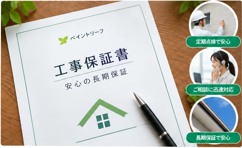 工事保証書、施工後の定期点検、ご相談への対応、長期保証をイメージした画像