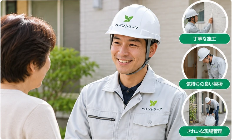 お客様に笑顔で対応する職人と、丁寧な施工・挨拶・現場管理のイメージ