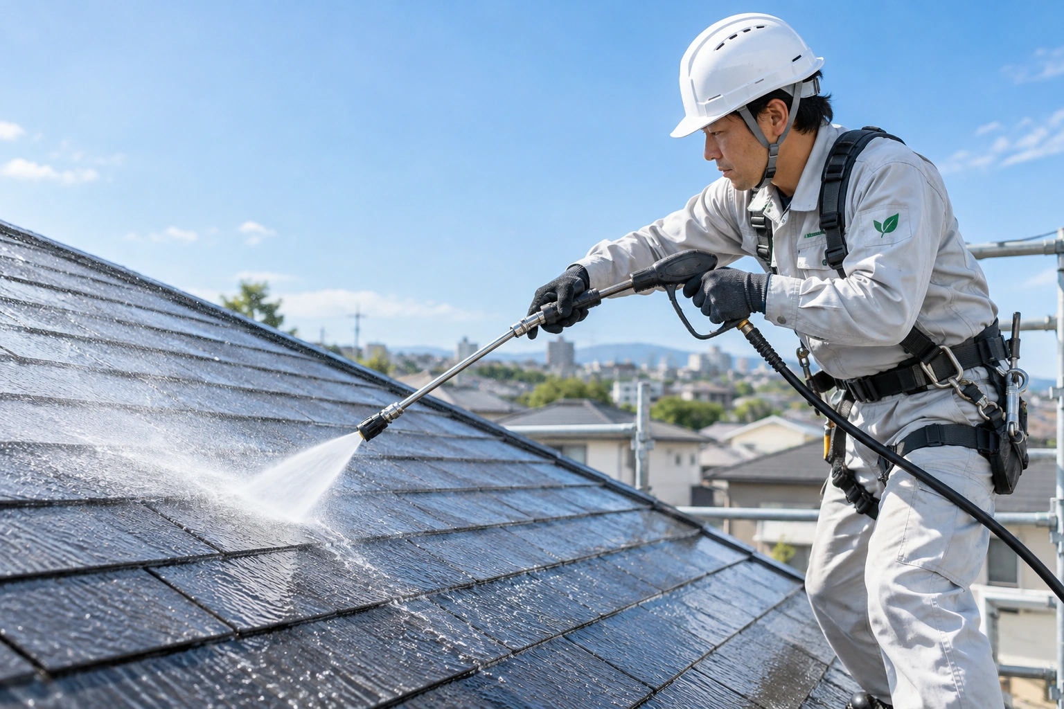 高圧洗浄機を使って屋根の汚れを落とす作業イメージ