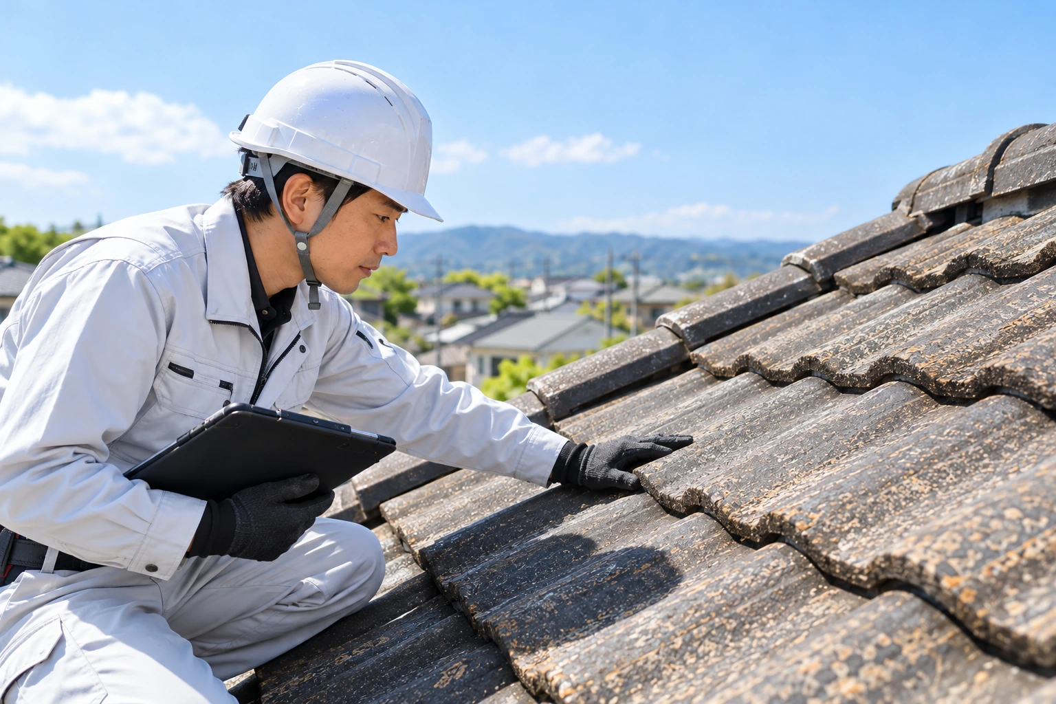セメント系屋根の形状や劣化状況を職人が確認するイメージ